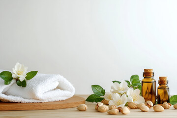 Spa setting with towels, essential oils, and flowers for relaxation and beauty treatments
