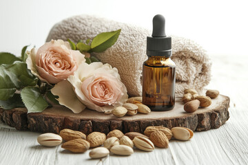 Natural skincare products and rose flowers on wooden surface with towel and almonds nearby