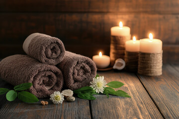 Spa setting with rolled towels, candles, and natural elements on wooden surface