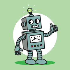 Cute cartoon robot giving thumbs up with light bulb idea concept
