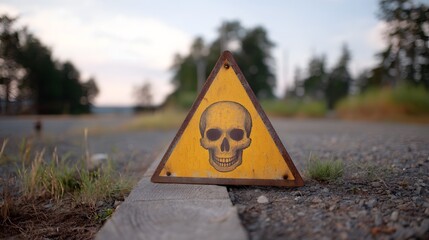 A weathered yellow triangular warning sign with a skull symbol is placed outdoors on a gravel surface during dusk