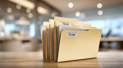 Stacked file folders labeled "TEAM" sit on a wood desk in a blurred office setting. Natural light adds depth to the scene