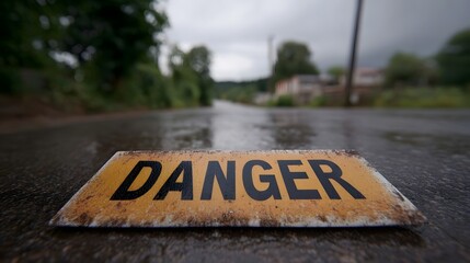 A weathered yellow sign with the word Danger lies on a wet reflective asphalt road under an overcast cloudy sky