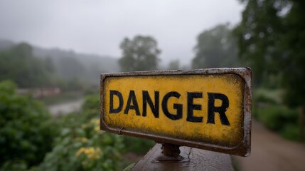 A weathered yellow danger sign stands prominently in a misty rainy outdoor environment with blurred natural surroundings