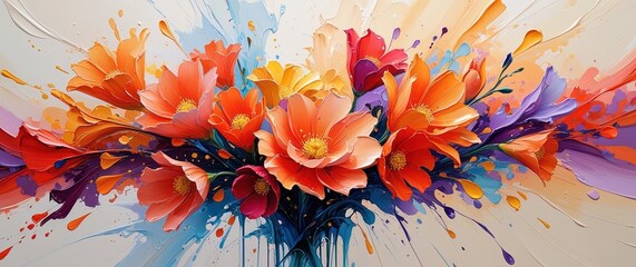 Expressive floral painting: orange, coral, red, purple flowers. Dynamic brushstrokes, splashes on cream, blue, warm background. Impasto, palette knife textures. Wallart, footer, header.