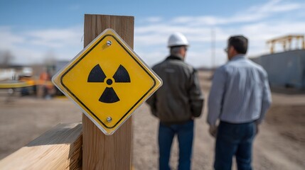 Hazardous material warning sign with workers on an industrial site under a clear sky