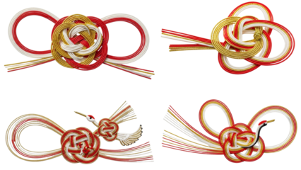 水引の装飾結び4点セット｜赤・白・金と折り鶴アクセント付き