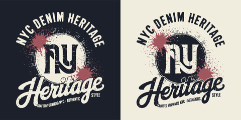 Vintage distressed nyc denim heritage graphic featuring large ny initial letters and bold script typography for apparel design © Vectyx
