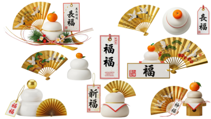 日本の正月飾り詰め合わせ｜福・長福・新福の札と扇子や餅
