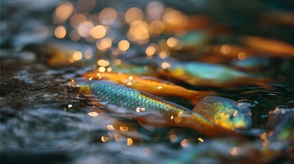 School of iridescent fish swimming in shimmering water with golden bokeh lights
