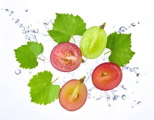 Fresh grapes and leaves with water splashes