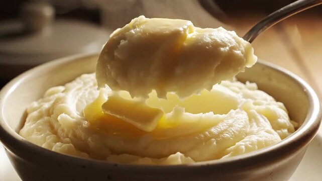 Close up of creamy mashed potatoes in a bowl with butter and spoon