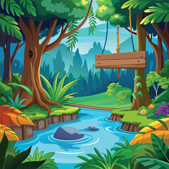 "Cartoon jungle background with creek and swinging board .