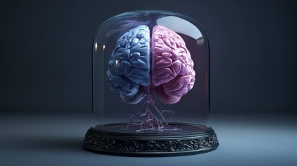 A split brain model, half blue and half pink, sits under a glass dome on a patterned base, with visible blood vessels, in a dim environment