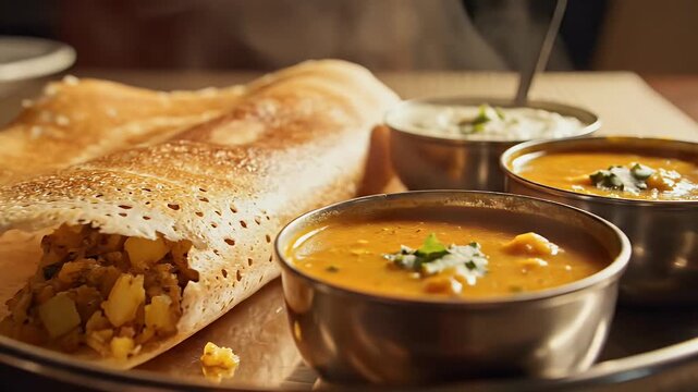 Masala dosa on plate with crisp texture under warm ambient light