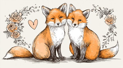 Pencil drawing of a Valentine's Day greeting card. Two foxes on a date.