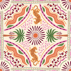 Tropical tile, scarf, square seamless pattern with jungle elements, palm tree, leopard, waves, stripes, geometric ornament, ethnic element, summer vacation print. Vector background, textile design.
