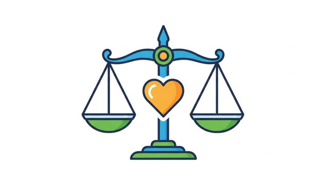 A blue and green scale with a yellow heart in the middle symbolizing love and balance on a white background