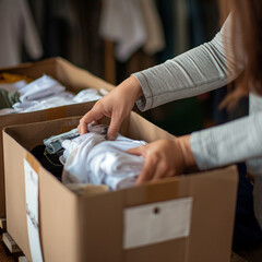 Obraz premium Person sorting clothes in cardboard donation boxes