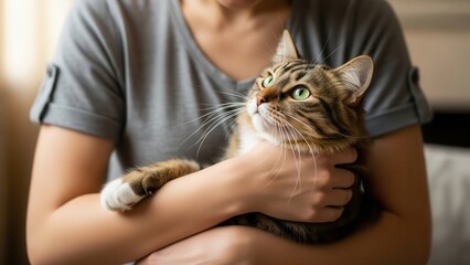 Close up of person holding tabby cat with green eyes up high