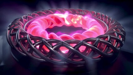Glowing energy ring with braided metallic structure and vibrant pink plasma core radiating light in a dark abstract sci-fi scene