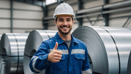 Smiling male industrial worker in hard hat and blue uniform showing thumb up in factory, professional engineer standing near large steel coils in warehouse, metallurgy and manufacturing concept