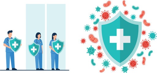 Medical doctors and nurses holding protective shields to defend the human immune system against virus bacteria and germs.