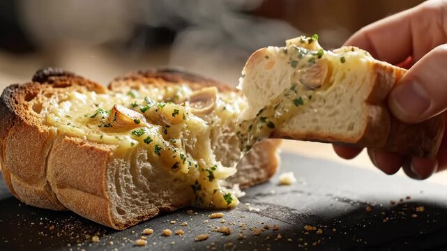 Close up of toasted bread slices with melted cheese and herbs