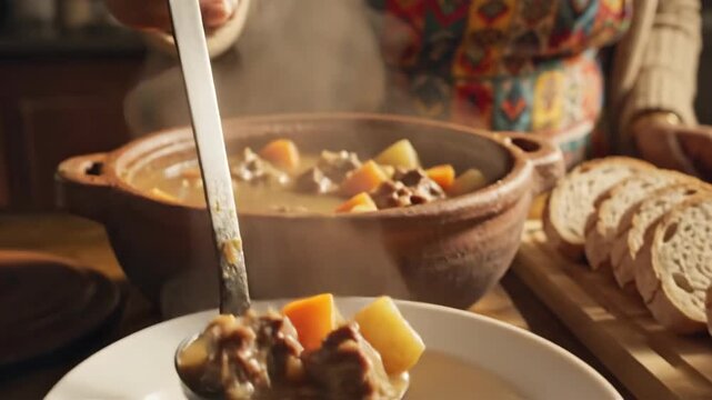 Cooking process of a hearty stew with vegetables in a traditional pot