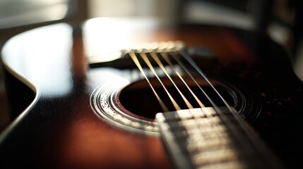 Fototapeta premium Close up acoustic guitar wooden strings and fretboard detail with shallow depth of field, warm sunlight from left highlighting texture, music instrument background for creativity and calm mood
