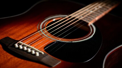 Fototapeta premium Close up acoustic guitar wooden strings and fretboard detail with shallow depth of field, warm sunlight from left highlighting texture, music instrument background for creativity and calm mood