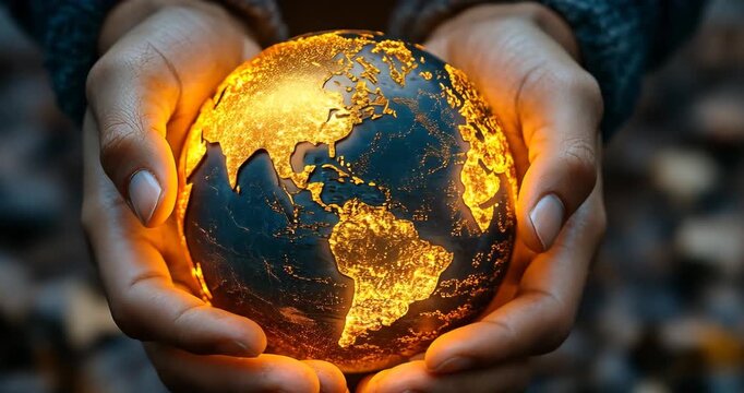 Close-up shot: Hands gently hold a glowing globe, symbolizing care and responsibility for the Earth's future and global connection.