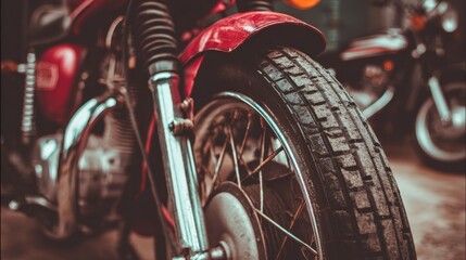 Vintage red motorcycle close up with chrome wheel and black tire showing tread under bright lighting, classic motorbike detail highlighting retro design, mechanical craftsmanship and transport style
