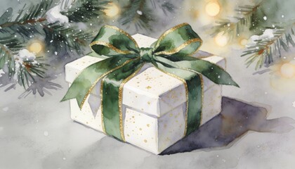 Elegant white gift box with green ribbon and gold accents, surrounded by snowy pine branches