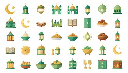Fototapeta premium Ramadan Flat Icon Set – Crescent Moon, Mosque, Lantern, Quran, Dates