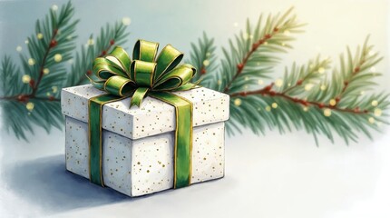 Elegant white gift box with green ribbon and gold speckles, festive holiday background