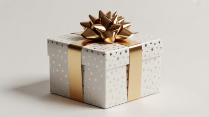 Elegant white gift box with golden stars and a shiny gold ribbon and bow