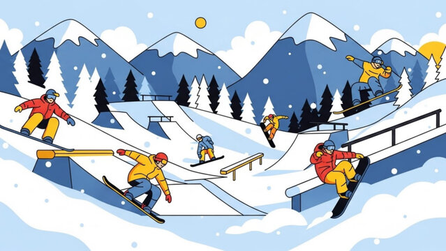 Winter snow park with skiers and snowboarders performing tricks on ramps and rails a vibrant illustration for extreme sports and active lifestyle concepts