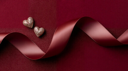 ボルドーリボンと煌めくハートが演出する、上品なバレンタイン背景