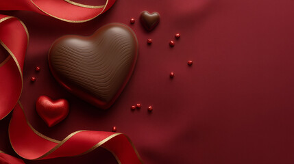 赤いリボンとハートチョコが映える、バレンタイン向け上品背景