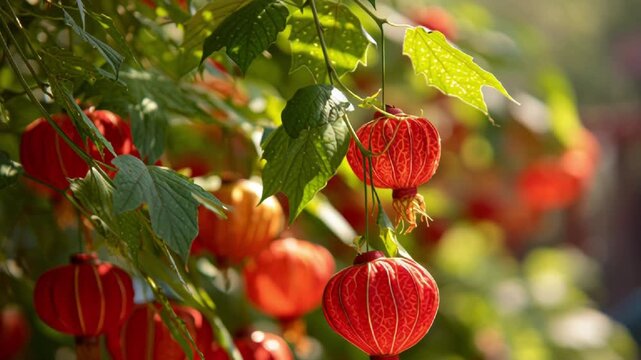 Stunning Close-Up of Chinese Lantern Plants Abundant Red Hanging Lanterns Beautiful Ornamental Flowers Nature Macro Photography Vibrant Colors Botanical Garden Stock Video