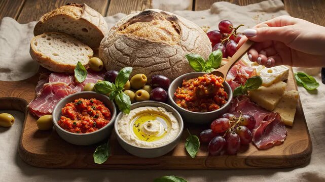 Gourmet food display with bread cheese olives and dips on a wooden platter