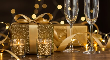 Elegant golden gifts and champagne glasses with bokeh lights for celebration