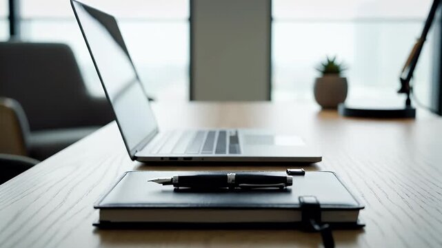 Modern business workspace background with empty desk, closed laptop, notebook and pen