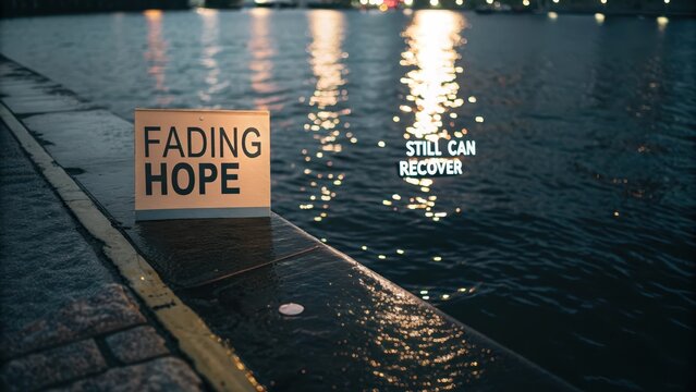 Sign with fading hope message by dark water at night