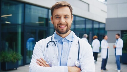 Handsome Caucasian male doctor standing confidently. Arms crossed while smiling calmly. Medical team interacting in background. Scene unfolding outside rehabilitation center. Stethoscope around neck.
