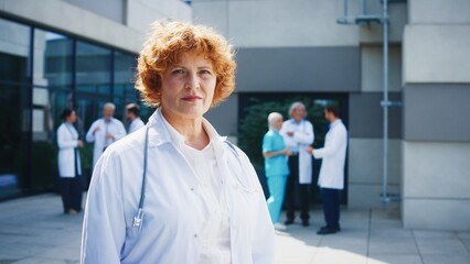 Female doctor standing outside hospital complex holding calm posture while facing camera. Caucasian specialist maintaining steady expression. Colleagues behind discussing patient care during workday.