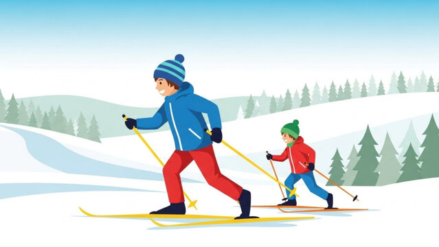 Father and son cross country skiing on a snowy mountain trail winter sport activity healthy lifestyle and family fun illustration on white background