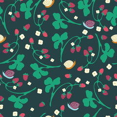 Seamless pattern with strawberries,  leaves, flowers, and snails. Cartoon pattern on dark background.
