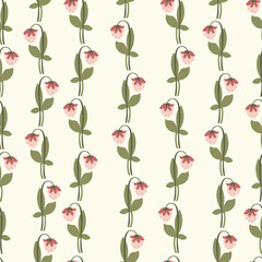 Hand drawn pattern with strawnerries on light background. Vector illustration with summer berries and green leaves.